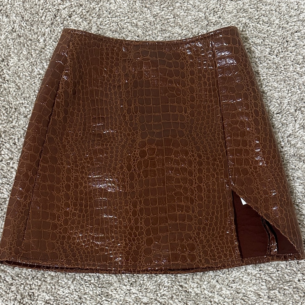 Motel Rocks Shiny Brown Croc Mini Skirt